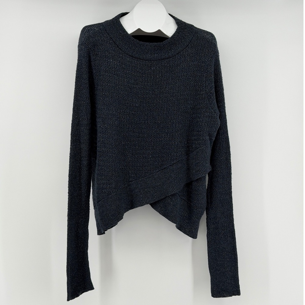 Free People Grey Linen Blend Mock Neck Crossover Tulip Hem Sweater XL Casual